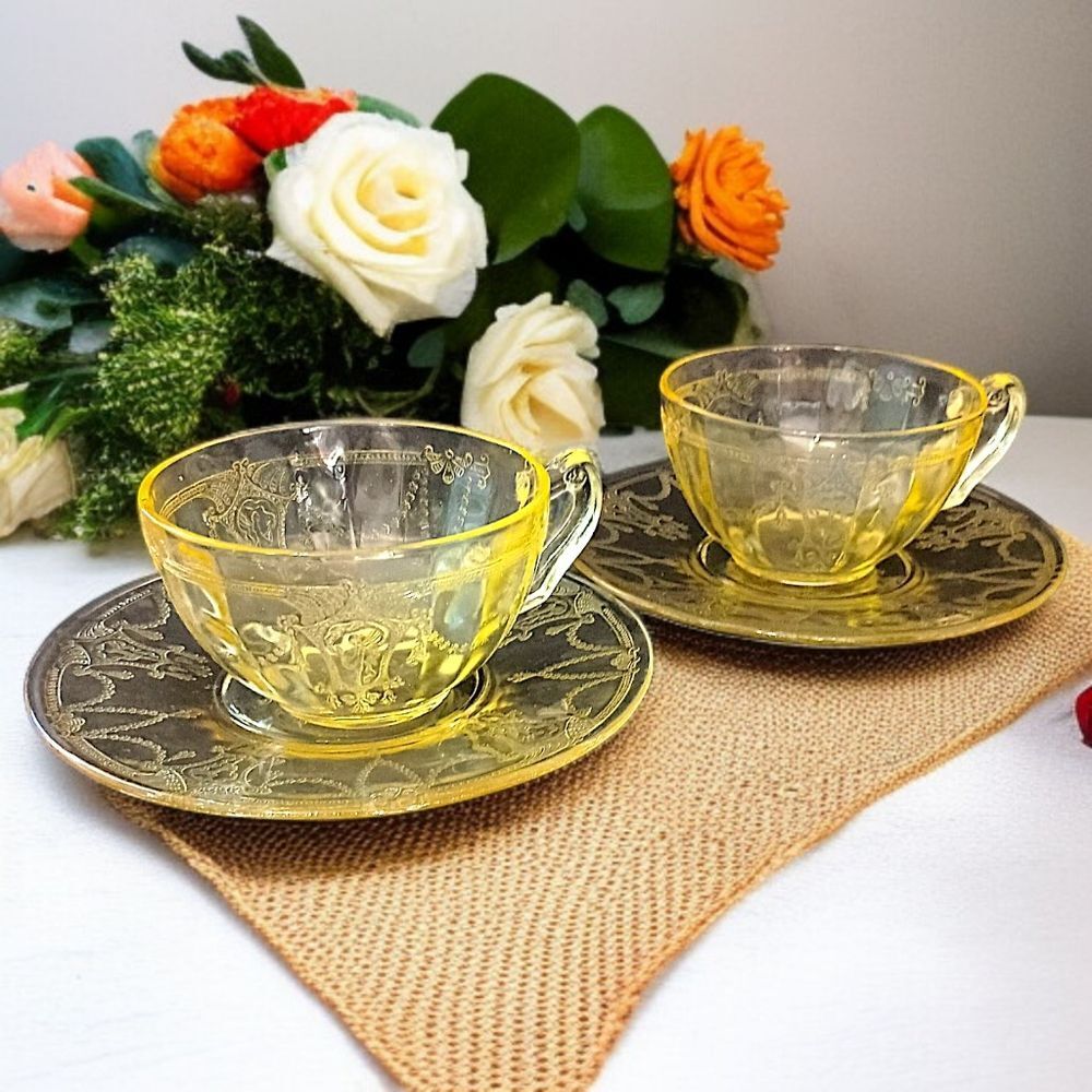 2 Cameo Ballerina Depression Glass Cup Saucer Set Yellow Anchor Hocking Vintage